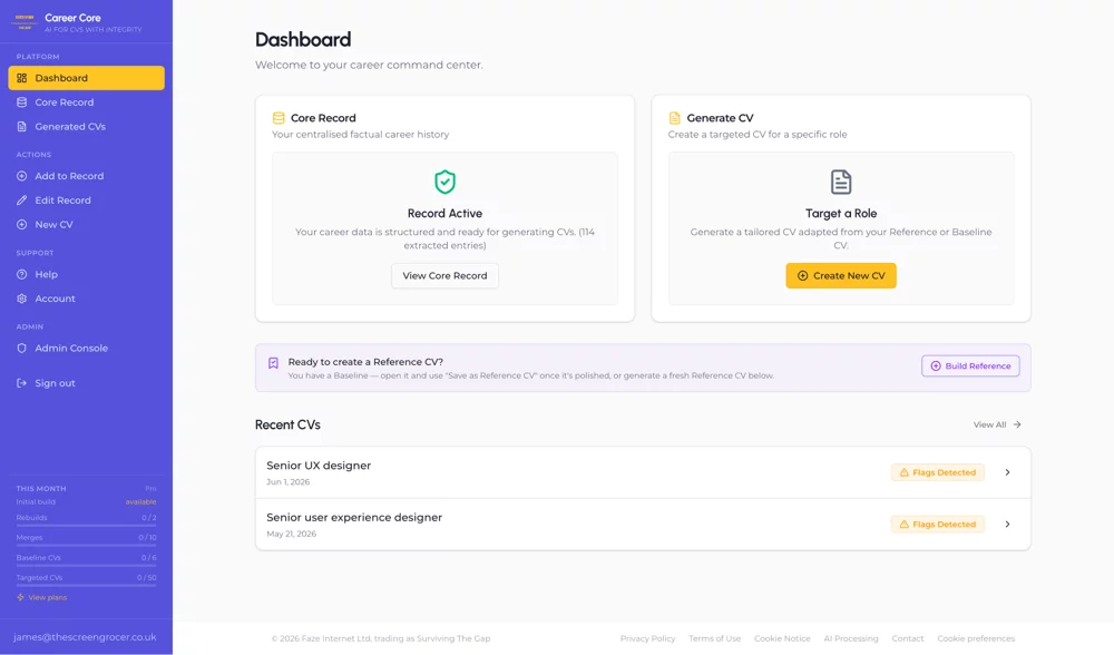 Surviving The Gap Career Core AI CV builder